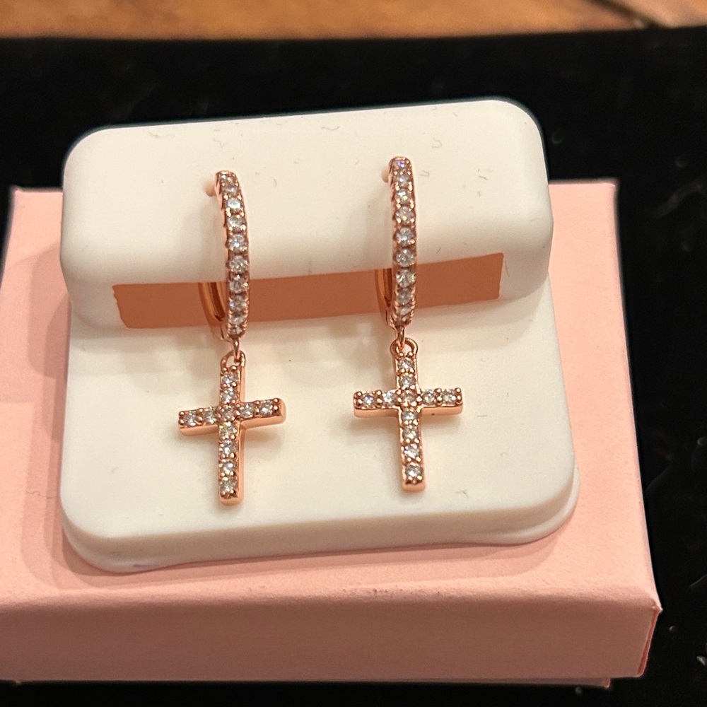 Luxury‎ Moissanite Diamond Rose Gold Cross dangle Earrings